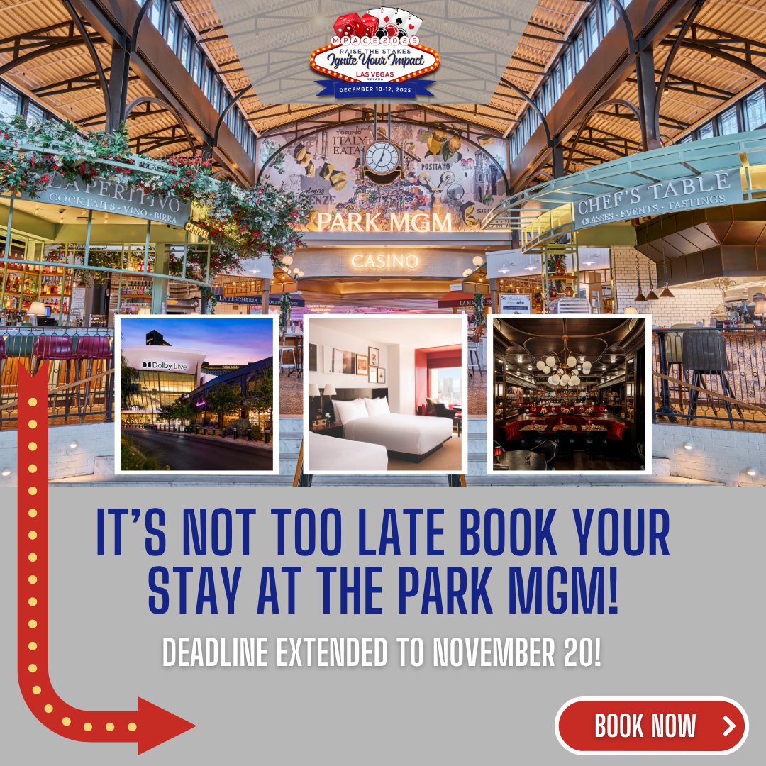 Still need to book your stay for #MPACE2025? Good news! The Park MGM room block deadline is now November 20!

Everyone booked in the official room block will be entered to win a FREE 2026 conference registration!

sites.google.com/mpace.org/mpac…
