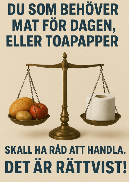 Kansliet blev inspirerade av <a href="/moderaterna/">Moderaterna</a> slogan.

Vi ändrade dock lite så det går att tillämpa för ALLA medborgare i Sverige, inte bara för de som M tycker är värda att få besitta rätten till ett värdigt uppehälle.

Utan att behöva pruta vid kassan <a href="/ElisabethSvan/">Elisabeth Svantesson</a>!