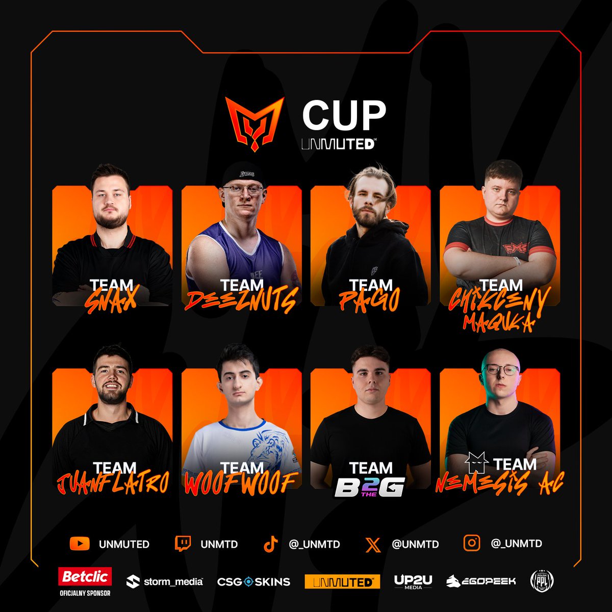 Drużyny pierwszej edycji UNMUTED MY CUP! 🔥

Rywalizacja o okrągłe 50 000 zł będzie rozgrywać się w dniach 8–9 listopada. Każdy mecz obejrzycie na twitch.tv/unmtd