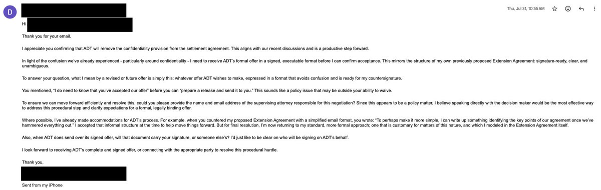 timeforus_org's tweet image. 164/
Because I had set a deadline, I sent an email from my phone for the first time in this exchange.

I explained that I needed a more formal approach — one I had already modeled in the Extension Agreement I’d prepared (see tweet 66).

#TimeForUs #Documentation