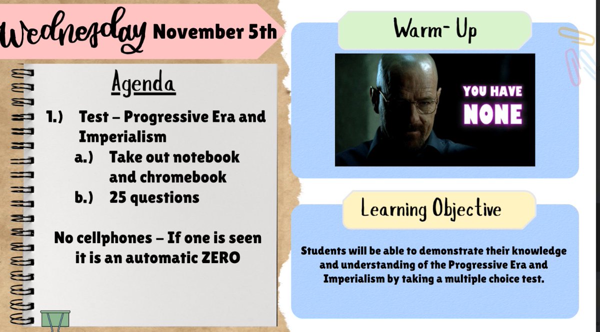 GF_exploring's tweet image. The history teacher I aid put Walter white on their board thingy 😭🙏