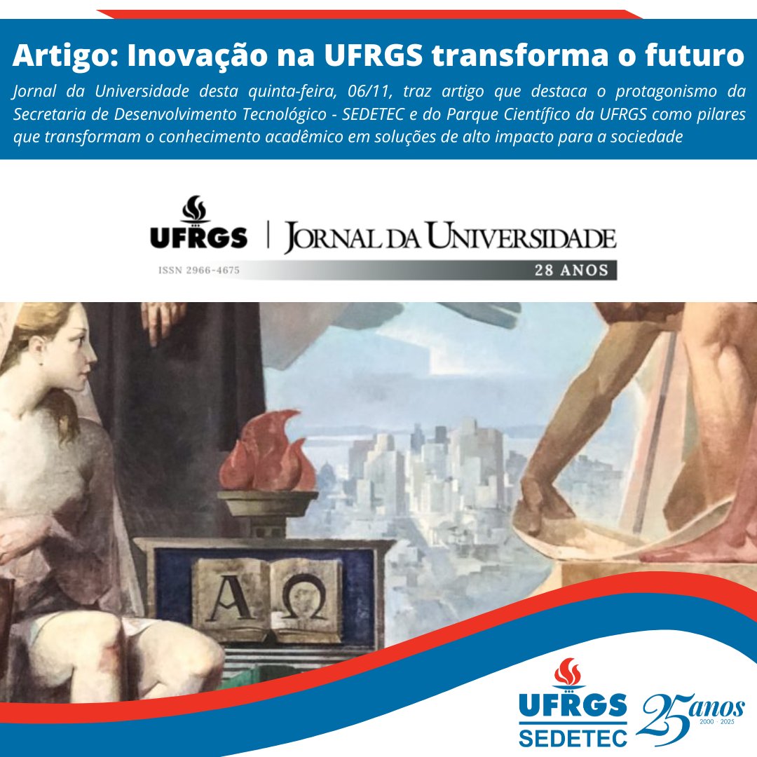 Artigo: Inovação na UFRGS transforma o futuro

Artigo do JU destaca o protagonismo da SEDETEC e do Parque Científico da UFRGS como pilares que transformam o conhecimento acadêmico em soluções de alto impacto para a sociedade.

Artigo aqui: ufrgs.br/sedetec/artigo…