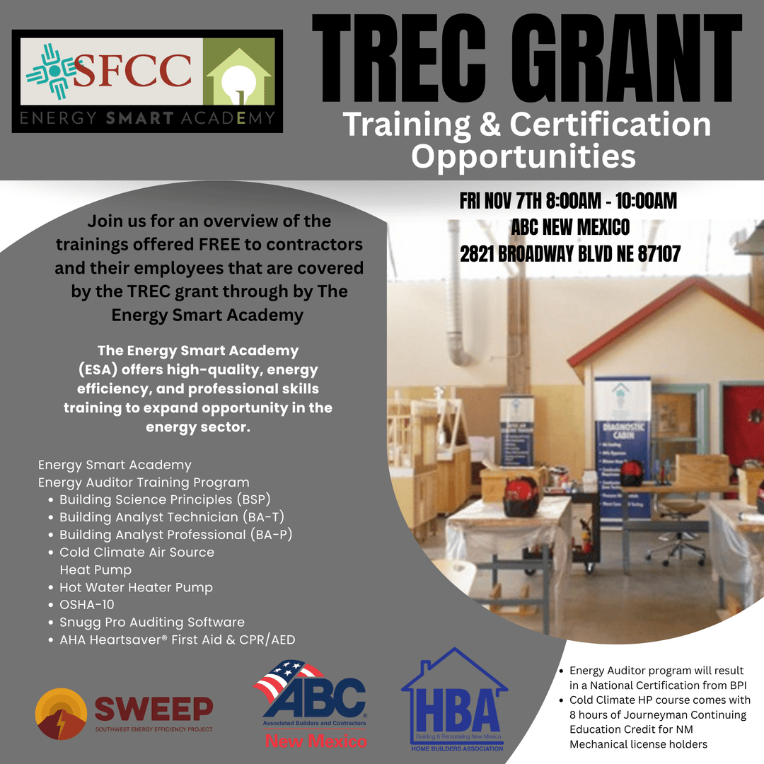 Contractors — don’t miss this! 💡
Join us Nov. 7, 8–10 AM at ABC NM for a FREE overview of TREC Grant training opportunities from the Energy Smart Academy.
Register 👉 addmi.com/e/-O_r4xNf8DEW…

#ABCNM #TRECGrant #EnergyEfficiency