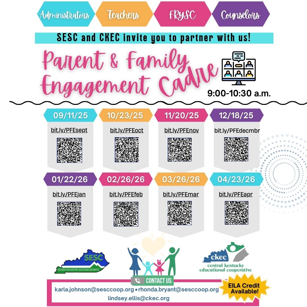 💡 Educators! Want stronger school + family partnerships?
Join the Parent &amp; Family Engagement Cadre (virtual, monthly, 9–10:30 a.m.).
✅ Strategies
✅ Collaboration
✅ EILA credit

Register → bit.ly/PFEnov
#FamilyEngagement #SESC #CKEC