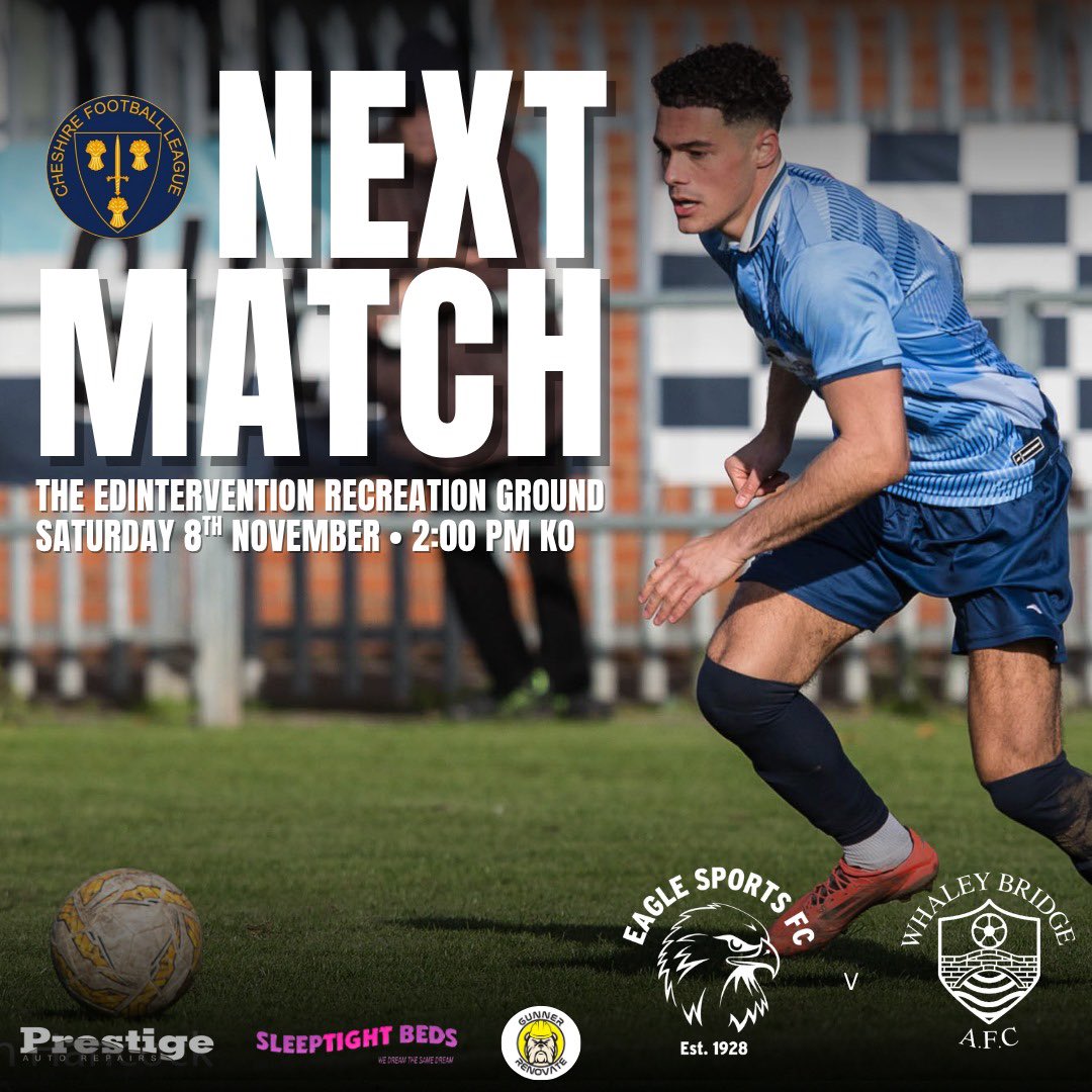 ⚽️ 𝗡𝗘𝗫𝗧 𝗨𝗣 ⚽️

🆚 <a href="/WhaleyBridgeFC/">Whaley Bridge AFC</a> 

📆 Saturday 8th November
🏟 The <a href="/edintervention/">Edintervention</a> Recreation Ground
⏰ 2pm Kick Off
🏆 <a href="/CheshireFL/">Cheshire Football League ⚽️</a> Premier Division
🎟️ Adults - Donations, U16 Free 
🍻 Bar open 12pm
🌭 Kath’s Cafe open 1.30pm

#Upthegulls 🦅