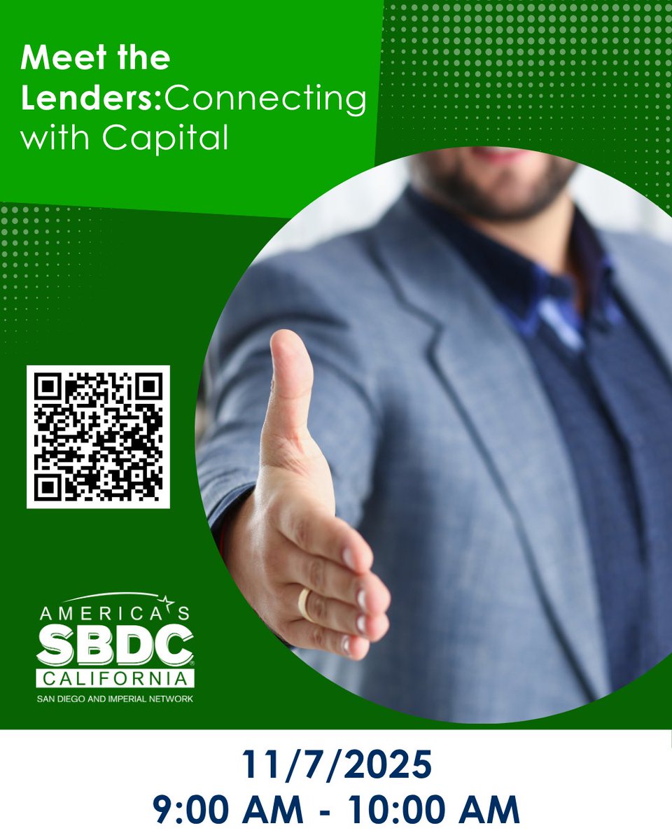 SDSBDCNetwork's tweet image. Learn from the SBDC and a panel of lenders about what small business capital is available and what the debt capital markets (lending) has in store for 2025.

#SDSmallBiz #SmallBusinessSupport #BizSupportSD #SanDiegoSmallBiz #SanDiegoBusiness #SDIVSBDCGrowth #SmallBusinessSD