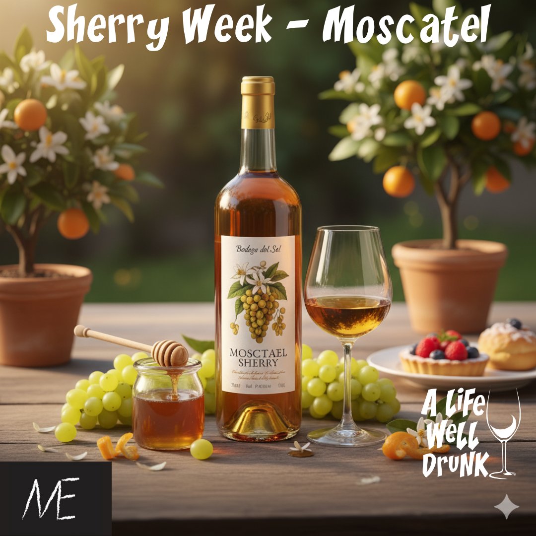 Moscatel (Muscat) is a fragrant alternative to PX! Made from sun-dried grapes, it boasts aromas of orange blossom, honey, and citrus. Perfect with fruit desserts or as a digestif! #MoscatelSherry #MuscatWine #AromaticWine #SherryWeek #SherryLover