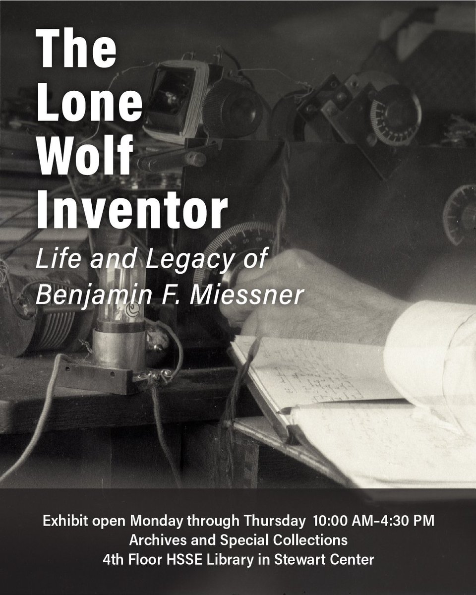 PurdueLibraries's tweet image. On display at Purdue University Archives and Special Collections:
The Lone Wolf Inventor exhibit explores the life of Benjamin Franklin Miessner, a 1913 Purdue engineering student whose work in electronics shaped modern innovation.
Visit HSSE Library, Stewart Center, 4th Floor.