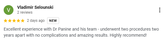 A Five Star Google Review of Dr. Panine and Chicago Hair Transplant Clinic by Vladimir Selounski -
"Excellent experience with Dr Panine and his team - underwent two procedures two years apart with no complications and amazing results. Highly recommend!"