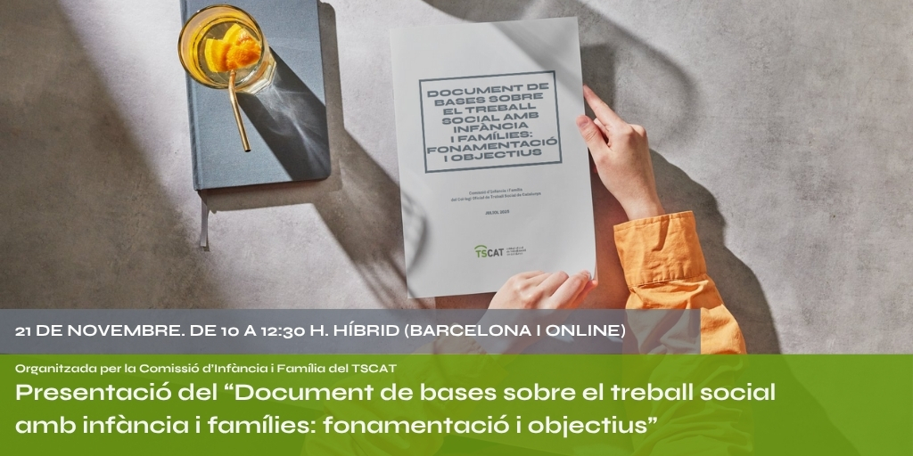El 21 de novembre, la Comissió d'Infància i Família del #TSCAT presenta el “Document de bases sobre el treball social amb infància i famílies”.

Una reflexió sobre el rol del #treballsocial en #infància, els nous reptes i la promoció dels drets dels infants.

📍 El podràs seguir