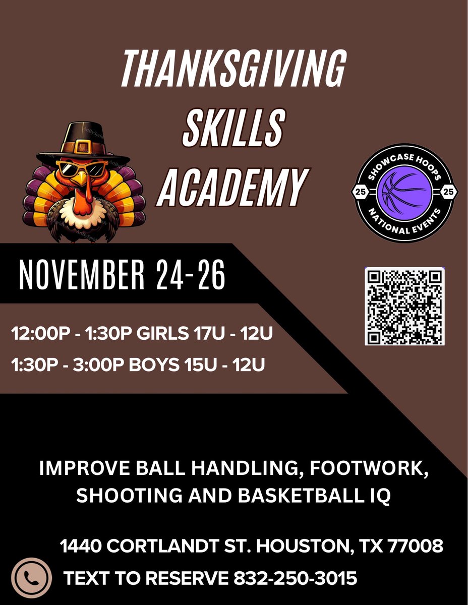 If you’re in the Houston area during Thanksgiving break, join us for our Skills Academy November 24-26. Boys 15U-12U and Girls 17U-12U are welcome to participate. Limited spots so reserve asap.