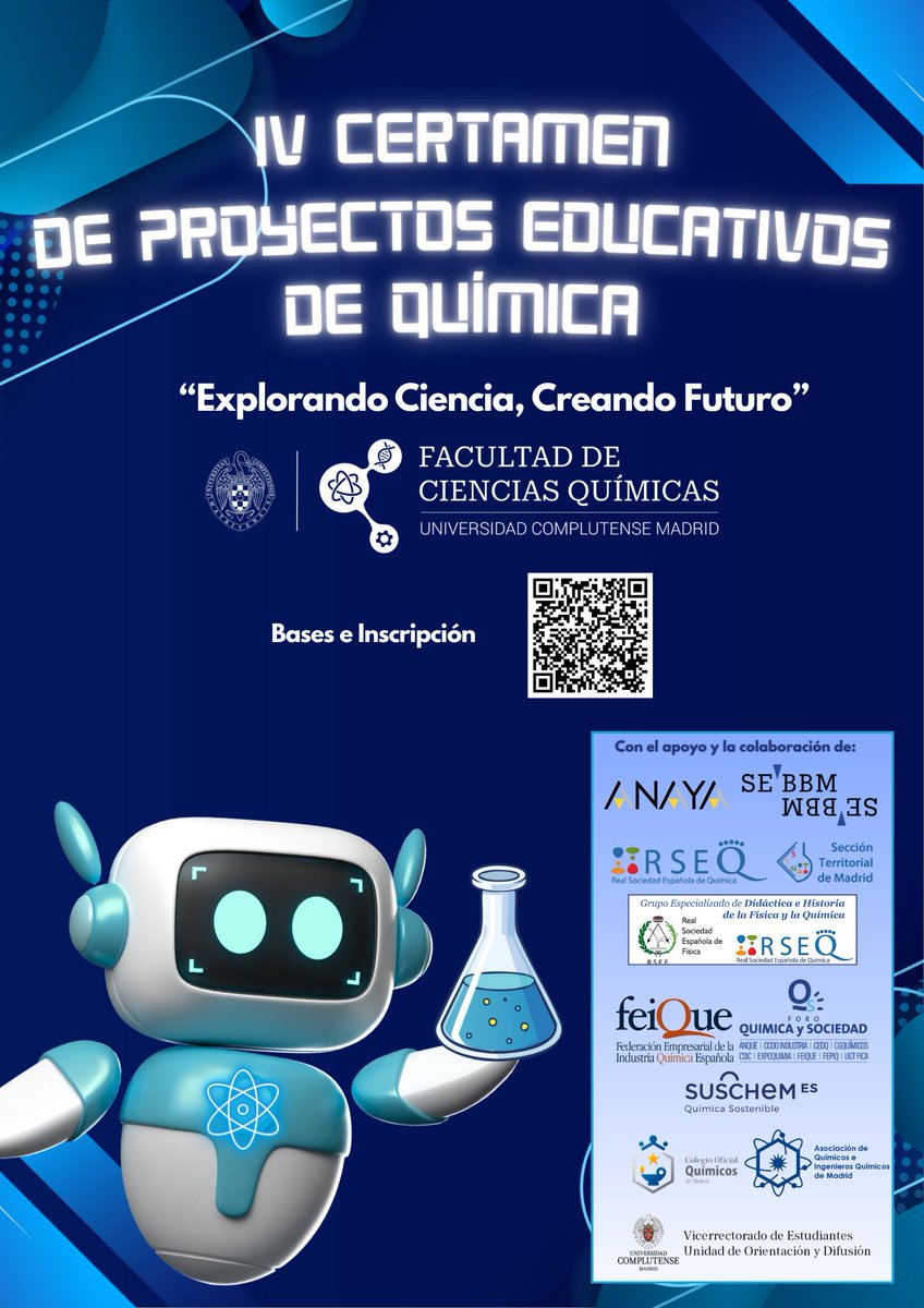 ¡Ya está abierto el plazo de inscripción al IV Certamen de Proyectos Educativos de Química! <a href="/quimicasUCM/">Facultad de Químicas UCM</a> <a href="/unicomplutense/">Complutense</a>  para centros educativos de la  <a href="/ComunidadMadrid/">Comunidad de Madrid</a> 
⬇️
quimicas.ucm.es/i-certamen-de-…