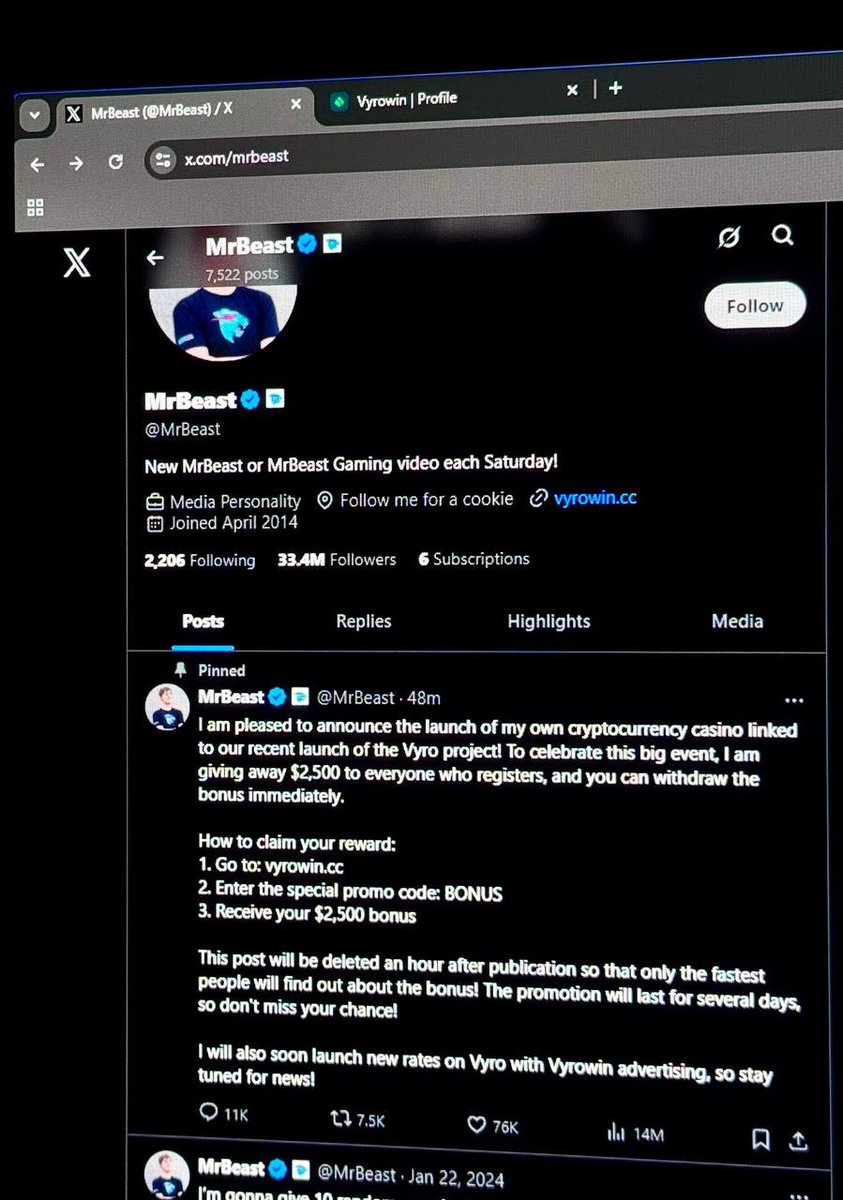 dabrothaAB's tweet photo. @MrBeast 
My friend from discord sent me this picture of you tweeting this for some sketchy bonus. It does say that you're gonna delete this tweet in an hour. Please confirm if you affiliated yourself with any Casino/Crypto website. Thanks. https://t.co/1COwHDnKH0