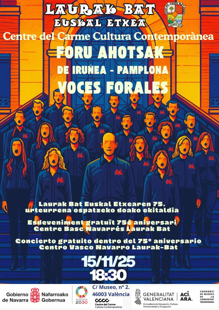 El dissabte 15 al CENTRE DEL CARME CULTURA CONTEMPORÀNIA, concert organitzat per lÉuskal Etxea amb la col·laboració  del Govern de Navarra.

El concert és gratuït. Si desitges assistir has d’enviar una sol·licitud d’entrada gratuïta al correu:
sarrerak@euskaletxeavalencia.eus