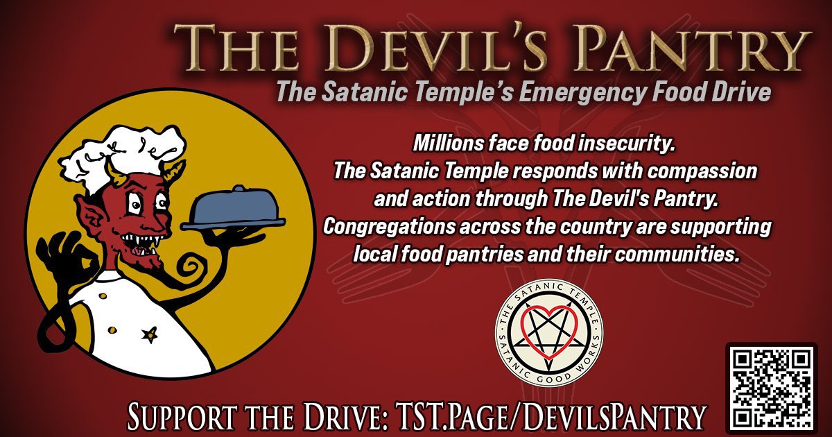 SatanicTv's tweet photo. Extra, extra! 🐐 📰 

The Satanic Temple @satanic_temple_ has launched The Devil’s Pantry, a nationwide emergency food drive. 

Learn more: https://t.co/PZgsHs4jpV

If able to, please donate 🙏🏽
If you cannot donate but want to help, please share!

Hail Satan 🤘🏽 https://t.co/uixkRIp5vF