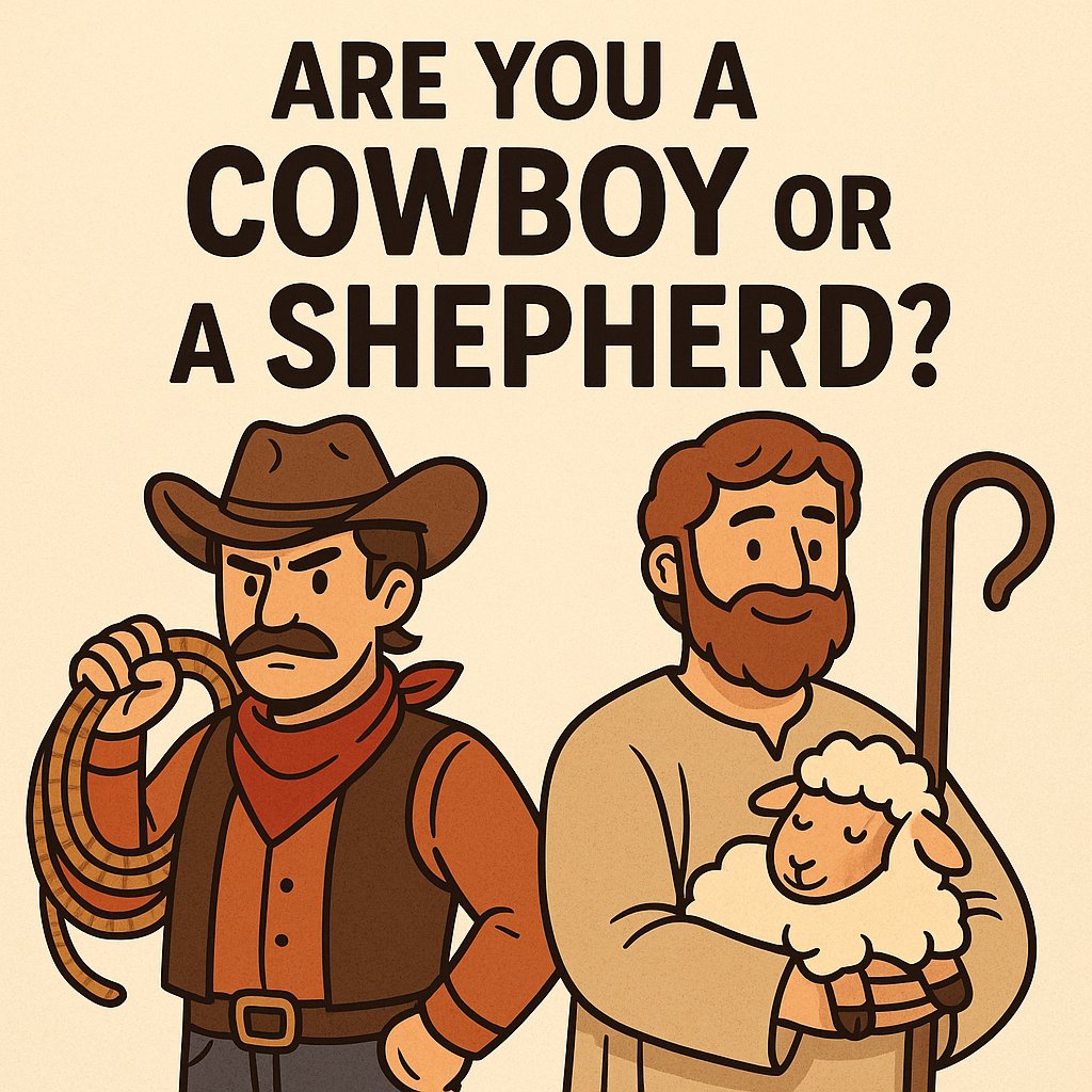 🐎 Are You a Cowboy or a Shepherd? 🐑

Love People More Than Position

There’s a big difference between a cowboy and a shepherd…

▪️ Cowboys count the heads of cattle.
Shepherds know the names of their sheep.
▪️ Cowboys push from behind where the herd doesn’t want to go.