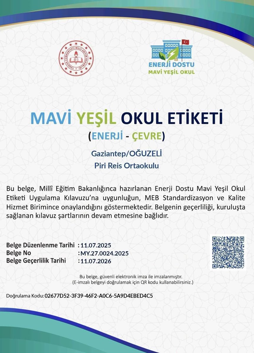 Okulumuz, Millî Eğitim Bakanlığı tarafından yürütülen Enerji Dostu Mavi Yeşil Okul Programı kapsamında Mavi Yeşil Okul Etiketi almaya hak kazanmıştır🌿 Emeği geçen tüm idarecilerimize, öğretmenlerimize ve öğrencilerimize teşekkür ediyoruz. 💙💚