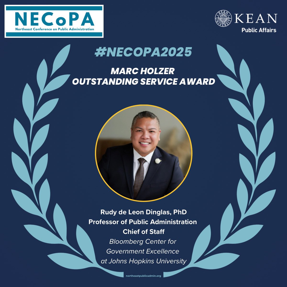 NEConferencePA's tweet photo. 🏆 Congrats to Dr. Rudy de Leon Dinglas, Chief of Staff @govex_jhu  recipient of the #NECoPA2025 Marc Holzer Award!

Honored for his exemplary leadership, service &amp; impact bridging data-driven governance, performance management &amp; public administration. 👏 https://t.co/cyHS4LvCpG