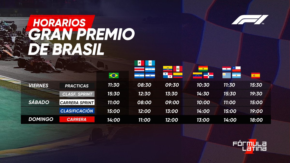 Formula_Latina's tweet photo. 🇧🇷 ¡OBRIGADO BRASIL!

Arrancamos con todo el fin de semana en Interlagos 🔥
Aquí te dejamos los horarios para que no te pierdas ni una vuelta del #BrazilianGP 🏎️💨

#F1 #FormulaLatina #BrazilGP https://t.co/eDR13QsgL5