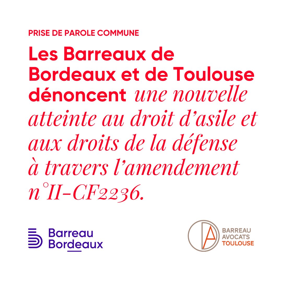 Les Barreaux de Toulouse et de Bordeaux dénoncent l’amendement n°II-CF2236 visant à imposer à la Cour nationale du droit d’asile un montant forfaitaire de frais irrépétibles et à limiter ce montant.

<a href="/BarreauBx/">Ordre des Avocats de Bordeaux</a>
