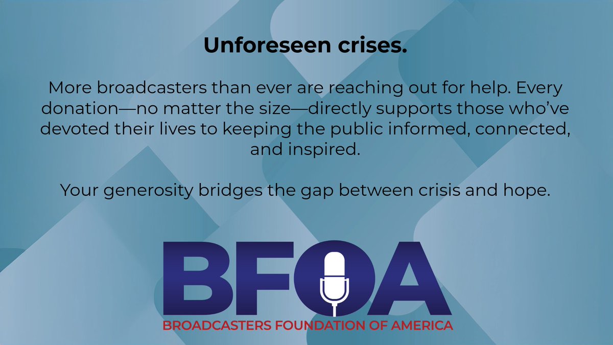 Behind the mic,  the camera, the scenes —Broadcasters give their all to keep us informed, connected, and inspired.

But when they face hard times — illness, disaster, loss — the Broadcasters Foundation of America is there to help. 💙

Donate today ➡️ broadcastersfoundation.org