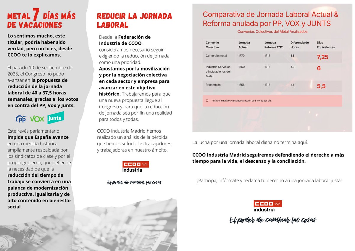 CCOO Industria Madrid llevamos este debate a los centros de trabajo. 
¿Quién te está quitando horas de vida?
Retomamos la campaña por la reducción de la jornada laboral a 37,5 h  ¡Te interesa!
 Infórmate y comparte  industriamadrid.ccoo.es