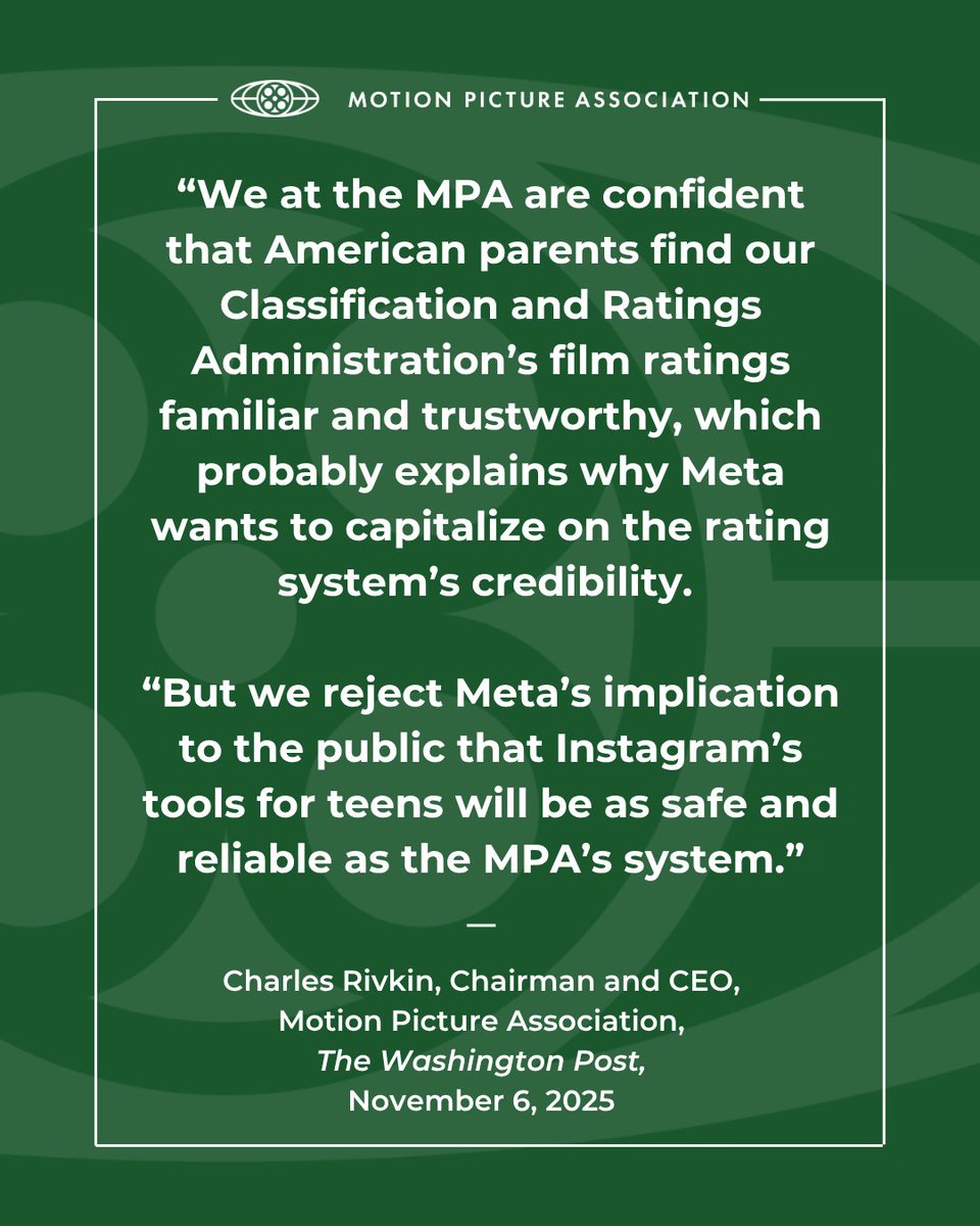 motionpictures's tweet photo. Here’s our warning to Meta: stop citing PG-13 ratings for Instagram. Conflating social media content and movies is thoroughly misleading.

Read @CharlieRivkin's op-ed in @washingtonpost: https://t.co/M14Wk3RI1S https://t.co/fx7psMsAuJ