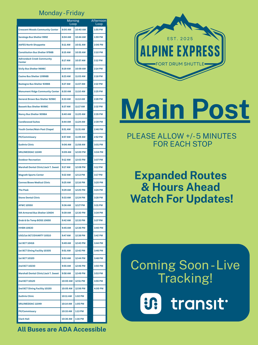 10MTNDIV's tweet photo. 🚌 The Alpine Express is rolling!
Fort Drum’s free shuttle keeps you moving across post.
📲 Scan any QR code on bus stops or banners for the latest routes via Lewis County Transit.
#ClimbToGlory #FortDrum https://t.co/n39jJRU96N