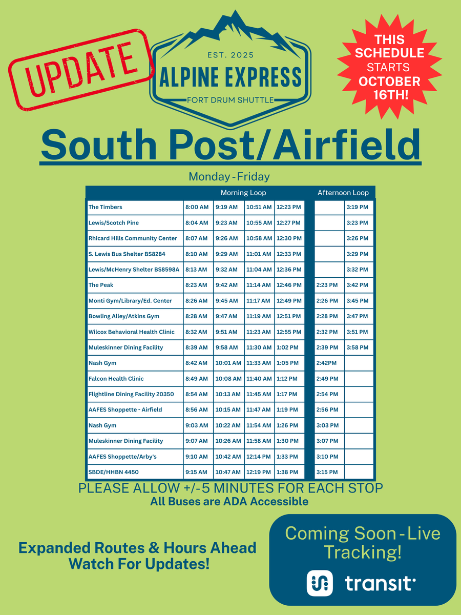 10MTNDIV's tweet photo. 🚌 The Alpine Express is rolling!
Fort Drum’s free shuttle keeps you moving across post.
📲 Scan any QR code on bus stops or banners for the latest routes via Lewis County Transit.
#ClimbToGlory #FortDrum https://t.co/n39jJRU96N