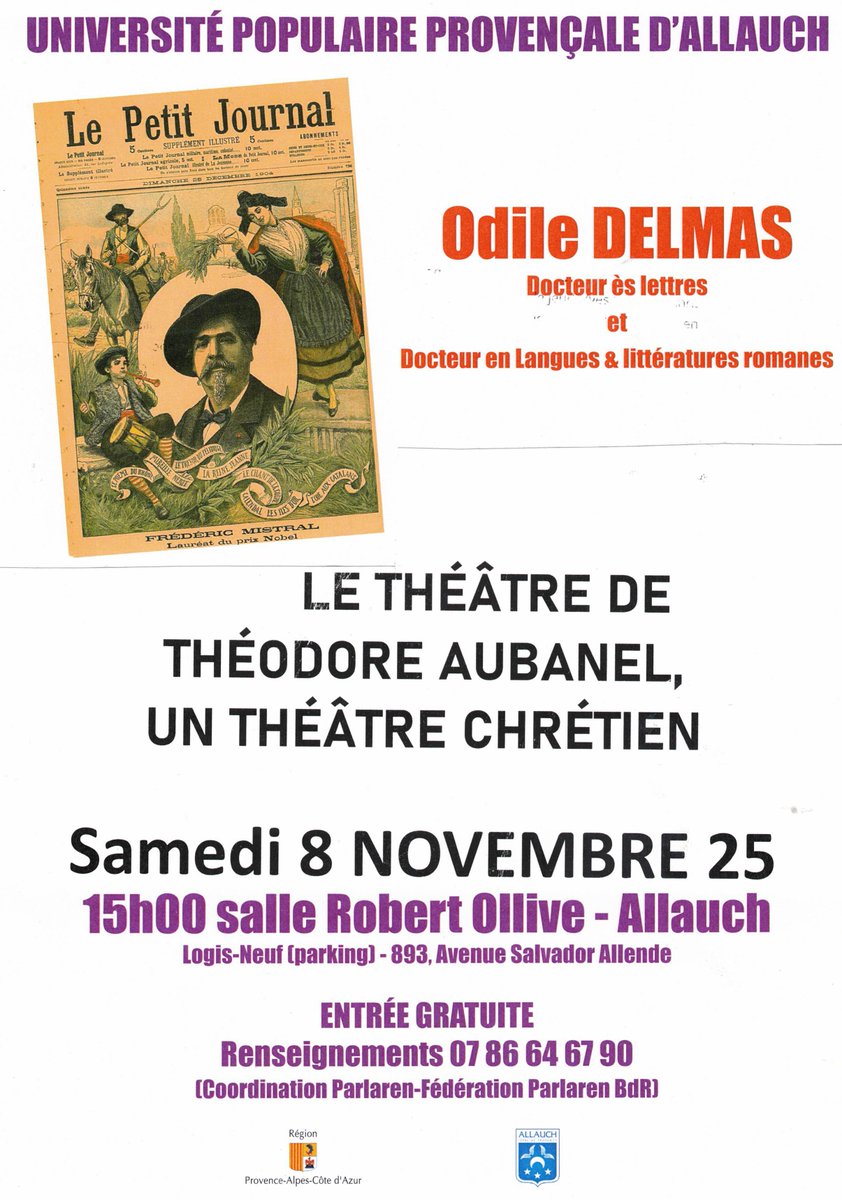 #Allauch #Culture
« Le théâtre de Théodore Aubanel, un théâtre chrétien » : une conférence le samedi 8 novembre, à 15h, à l’Espace Robert Ollive
👉facebook.com/allauch/