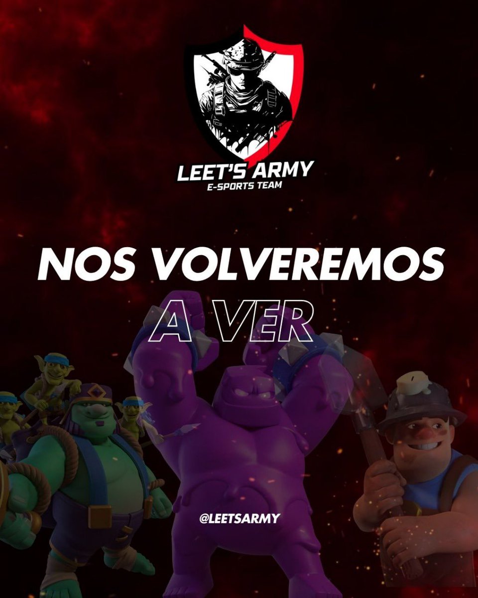 💚 Leet’s Army ⚔️

No es un adiós, solo un hasta luego.
Hoy Leet’s Army cierra su etapa en las competencias de Clash Royale

Cada batalla, cada derrota y cada victoria nos formaron, y esas huellas no se borran.
Gracias a todos ❤️
<a href="/roy_dqhv/">Rodri</a> <a href="/VerITO_13_13/">Veronica Lucero</a>
