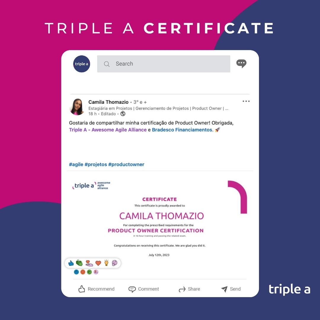 TripleA_Global's tweet image. &quot;Gostaria de compartilhar minha certificação de Product Owner! Obrigada, Triple A - Awesome Agile Alliance e Bradesco.&quot;

Camila Thomazio

#productowner #scrumguide #multifuncionalidade #equipe #agilidade #agil #trabalho #responsabilidades #produtividade