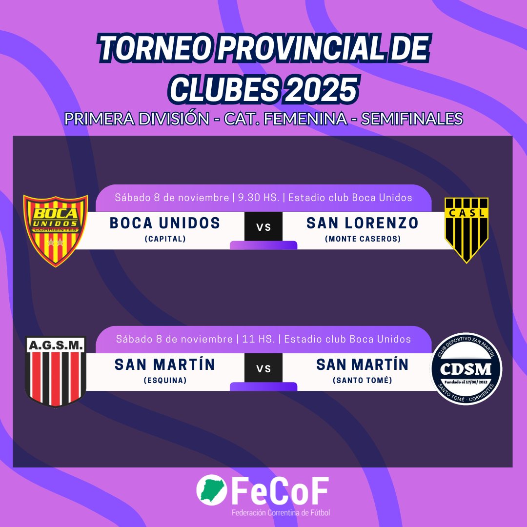 😃 El sábado se definirá el Torneo Provincial de Clubes de Primera División Femenina 🏆 en el estadio del club Boca Unidos 🏟 de Corrientes Capital 📍

👉🏾 Durante la mañana se jugarán las semifinales y a las 16 hs. 🕓 se disputará la final del torneo en el estadio principal 😉
