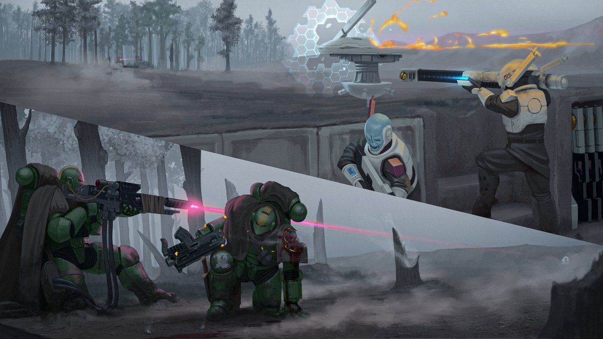 A pair of marines from the Raptors chapter get engaged by a Tau Rail Rifle team.

This started off as an experiment in composition. I wanted to see if i could splice together two POVs of the same scene.
.
.
.
#spacemarine #warhammer40k #Tau
