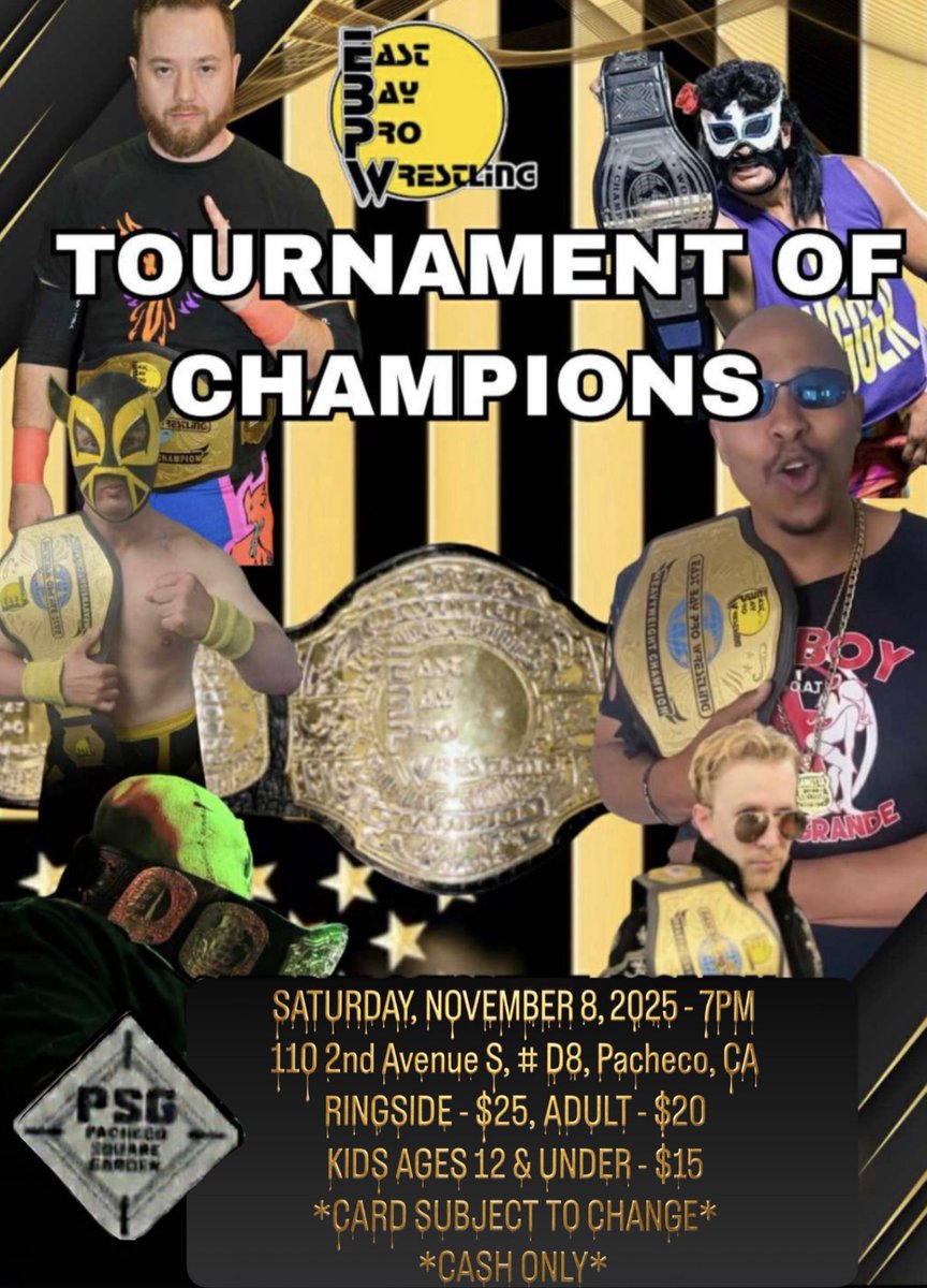 EBPWrestling's tweet photo. This Saturday, November 8th at 7 p.m. in Pacheco, California! An 8-man tournament consisting of former EBPW heavyweight champions will determine the new EBPW heavyweight champion!

East Bay Pro Wrestling
110 2nd Ave. S, Unit D8
Pacheco, CA 94553

#prowrestling #wrestling #EastBay https://t.co/4e6i6Hw5s6