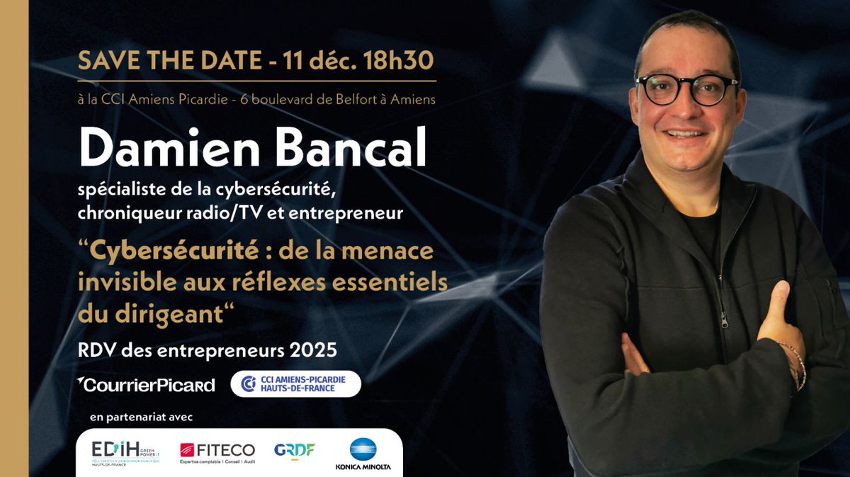 𝗨𝗻𝗲 𝗳𝗮𝗶𝗹𝗹𝗲, 𝘂𝗻 𝗰𝗹𝗶𝗰, 𝘂𝗻𝗲 𝘀𝗲𝗰𝗼𝗻𝗱𝗲 𝗱’𝗶𝗻𝗮𝘁𝘁𝗲𝗻𝘁𝗶𝗼𝗻… 𝗲𝘁 𝘁𝗼𝘂𝘁 𝗽𝗲𝘂𝘁 𝗯𝗮𝘀𝗰𝘂𝗹𝗲𝗿.

La cybersécurité n’est plus un sujet réservé aux experts :
c’est un enjeu STRATÉGIQUE pour chaque dirigeant.

📅 Jeudi 11 décembre 2025 – 18h30
📍 CCI