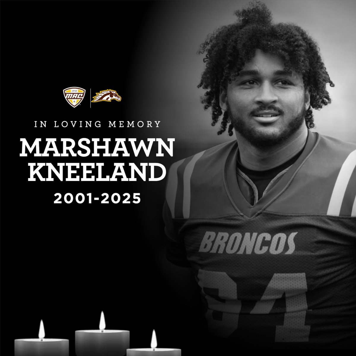 MACSports's tweet photo. The Mid-American Conference is heartbroken by the loss of former Western Michigan student-athlete Marshawn Kneeland. 

Our thoughts are with his loved ones, the Dallas Cowboys organization and the entire @WMUBroncos  community. 🤎💛 https://t.co/kvyKtI4qTd