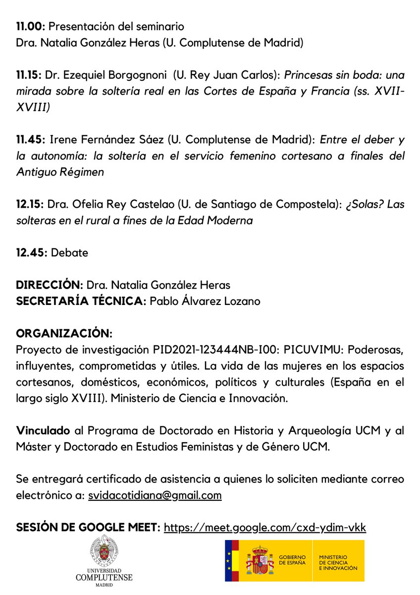 El próximo 17 de noviembre regresamos con nuestro seminario metodológico online en su IX edición, denominada "Fuentes y métodos para el estudio de la soltería femenina en la España Moderna". 
Os esperamos en el siguiente enlace: meet.google.com/cxd-ydim-vkk