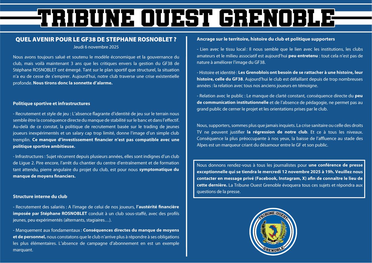 TribuneouestG's tweet image. 🚨 COMMUNIQUÉ OFFICIEL TRIBUNE OUEST GRENOBLE 🚨

À lire et à partager !
