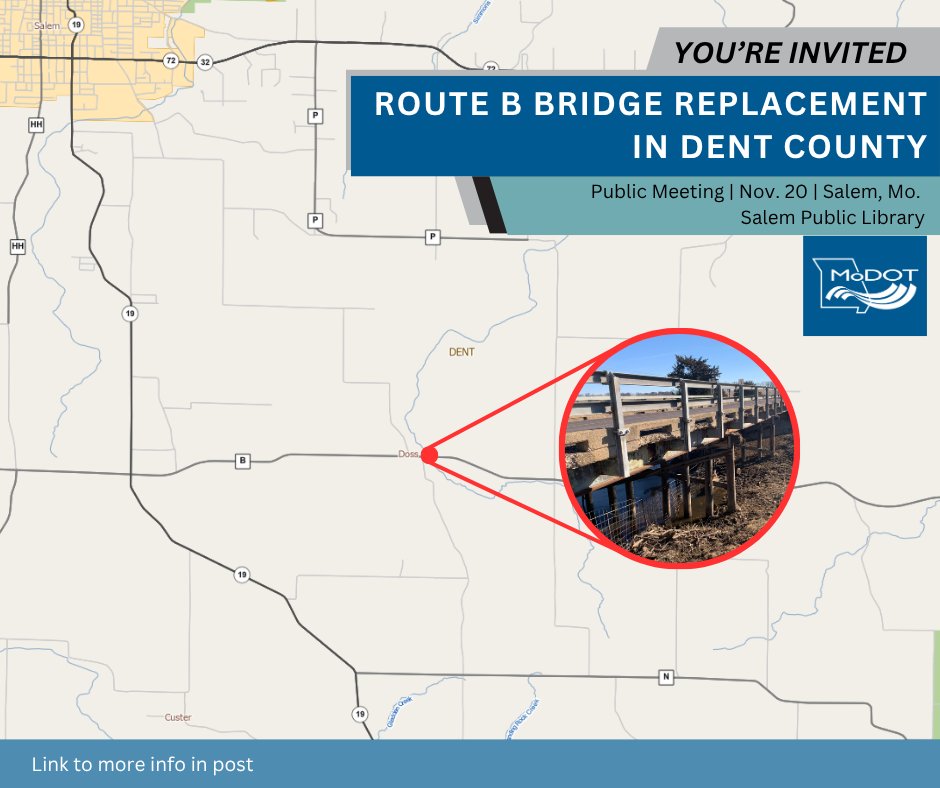 🚧 MoDOT wants your input!
Join us Nov. 20, 4:30 – 6 p.m. at the Salem Public Library to discuss a 2026 bridge project in the area. 
Stop by anytime – no formal presentation.
 
More info: modot.org/node/79562