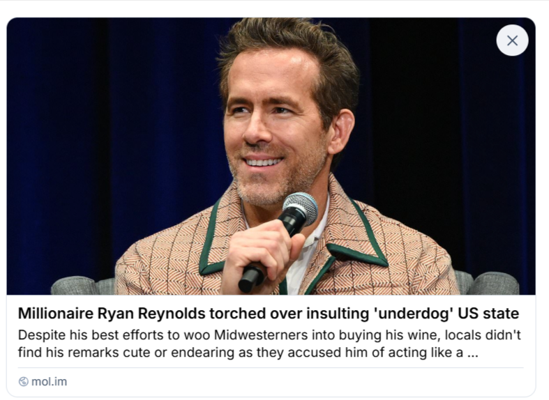 BrightlyAgain's tweet photo. #RyanReynolds #boxwine Ryan Reynolds offends entire STATE with elitist jab about boxed wine
Millionaire Ryan Reynolds torched over insulting 'underdog' US state https://t.co/Tfunre9Cwm via @DailyMailCeleb https://t.co/bobKRnX11Y