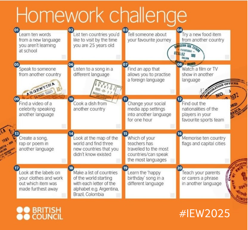 Need a quick idea to help celebrate International Education Week? Here's a fun and engaging challenge to share with your pupils to get them interested in cultures and languages from around the world. 

Get more ideas: ow.ly/Ah9l50XnUSB

#IEW2025