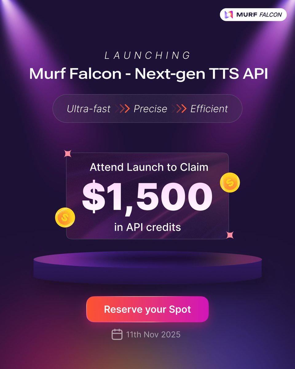 MurfAIStudio's tweet image. What happens when speed meets precision and efficiency?

We&apos;d say magic but you have to attend our launch event to find out!

📍 Register now: luma.com/9tlfcd0x

#MurfFalcon #MurfAPI #VoiceAI #AIAgents