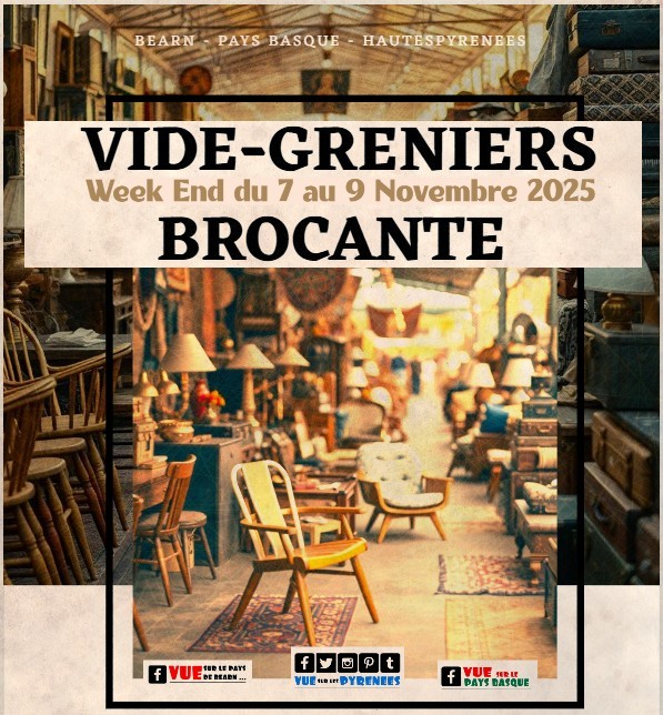 Vide Greniers Brocantes, braderies ... des #Pyrenees
Du 7 au 9 Novembre 2025

Agenda 
vuesurlespyrenees.blogspot.com/2025/11/vide-g…

vide-greniers, brocantes, vide maison, marché aux puces au Pays Basque en Béarn et Hautes Pyrénées

#vintage #paysbasque #bearn #hautespyrenees
