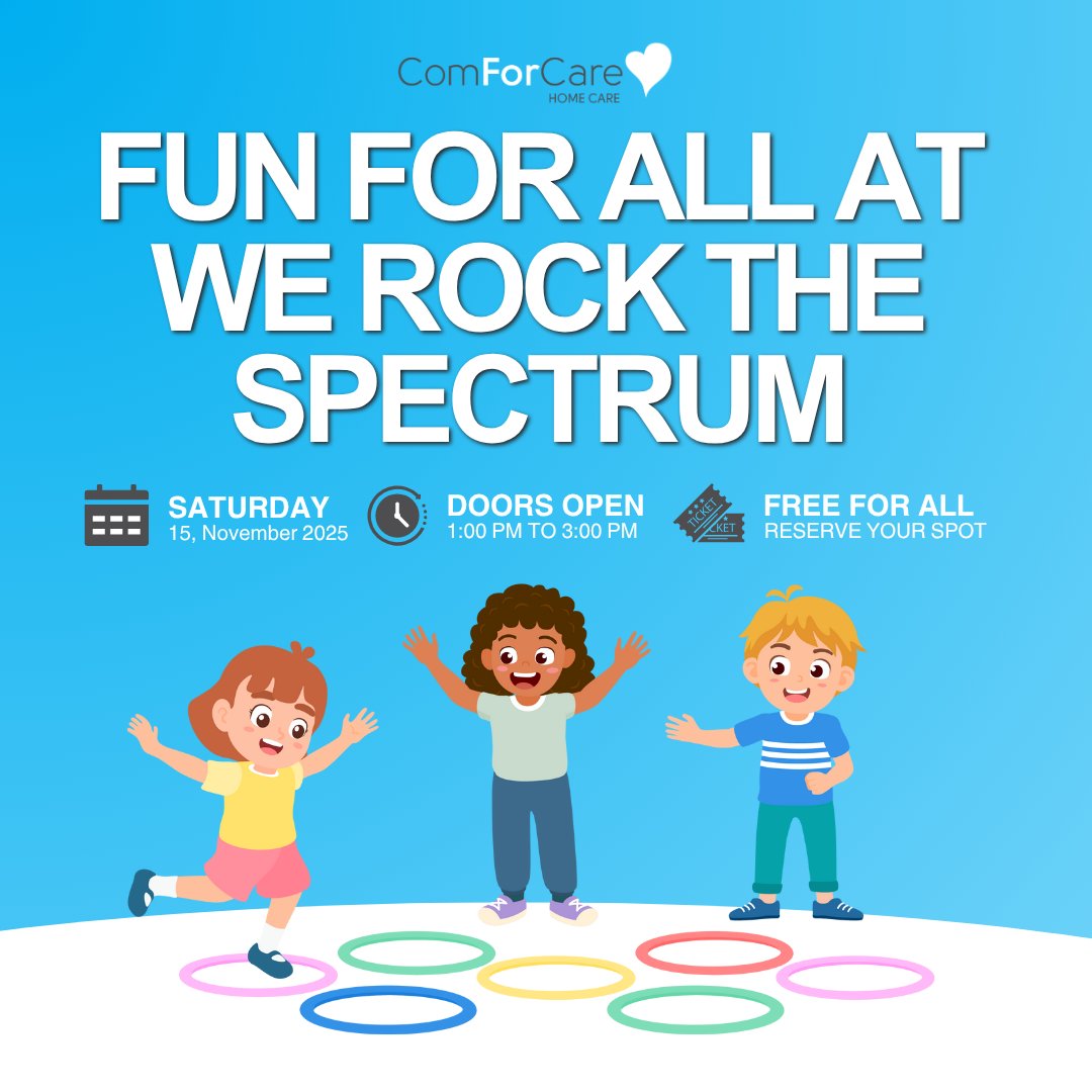 ComForCare’s Fall Family Fun Event at We Rock the Spectrum in Carmel is almost here on Saturday, Nov. 15, from 1–3 PM. Enjoy a sensory-friendly, all-inclusive space where everyone can join the fun. RSVP to Emily Hortin at ehortin@comforcare.com to save your spot.