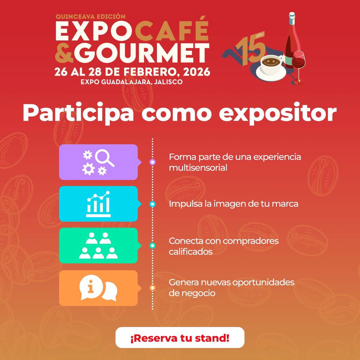 🤩Participa como expositor y conecta con compradores calificados que buscan lo mejor del mundo café y gourmet. Impulsa la imagen de tu marca, genera nuevas oportunidades de negocio y forma parte de una experiencia multisensorial que conquistará todos los sentidos. ☕✨