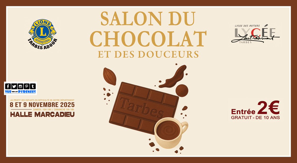 Salon du Chocolat et des Douceurs 2025
les 8 et 9 novembre àTarbes

+infos
vuesurlespyrenees.blogspot.com/2025/11/salon-…

Organisé par Le Lions Club Tarbes Adour

#hautespyrenees #salon #terroir #chocolat