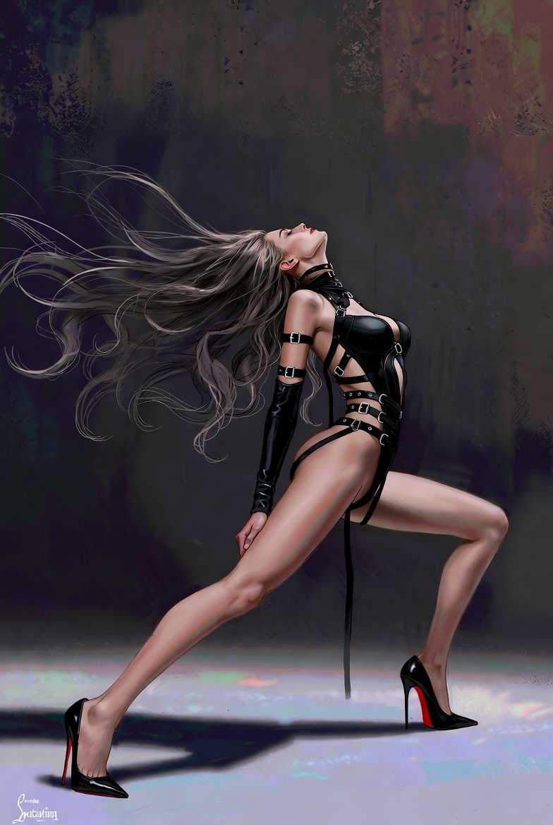 Cosila000's tweet photo. Grok Imagine prompt:

A digital illustration of a supermodel in a dramatic pose, wearing BDSM-inspired attire against a dark, moody background. https://t.co/JVUiVxbVI9