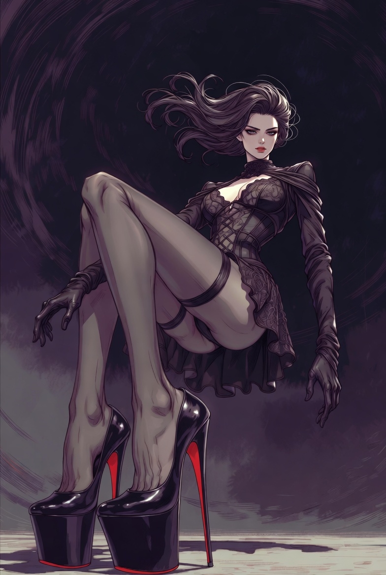 Cosila000's tweet photo. Grok Imagine prompt:

A digital illustration of a supermodel in a dramatic BDSM-inspired pose, wearing Christian Louboutin shoes, in a dark, moody atmosphere. https://t.co/CCLcsW38jZ