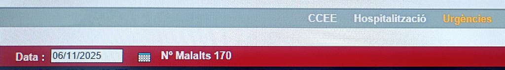 06/11/2025
170 pacients a Urgències de l'Hospital del Mar 
45 superen les 24 hores 
El més antic supera les 173 hores. Pacient de psiquiatría
Pacient de 85 anys supera les 86 hores
84 anys, 77 hores
88 anys, 68 hores
89 anys, 54 hores
102 anys, 54 hores 
87 anys, 48 hores
💬